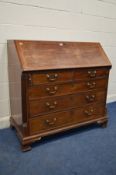 A GEORGE III MAHOGANY AND INLAID FALL FRONT BUREAU, fitted interior, two short over three long