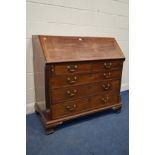 A GEORGE III MAHOGANY AND INLAID FALL FRONT BUREAU, fitted interior, two short over three long