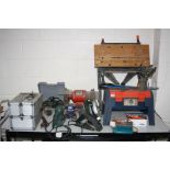 A COLLECION OF POWER AND HANDTOOLS including a Bosch half sheet sander , a Bosch circular saw and