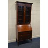 AN EDWARDIAN MAHOGANY BUREAU BOOKCASE, on cabriole legs, width 76cm x depth 45cm x height 207cm (