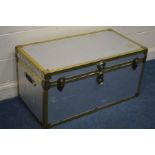 AN ALUMINIUM AND BRASS TRAVELLING TRUNK, width 102cm x depth 53cm x height 51cm (sd)