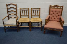 AN EDWARDIAN WALNUT ARMCHAIR, together with a pair of period elm rush seated chairs and a beech rush