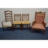 AN EDWARDIAN WALNUT ARMCHAIR, together with a pair of period elm rush seated chairs and a beech rush