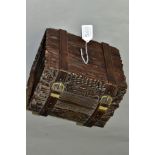 A LATE 19TH CENTURY BLACK FOREST WOODEN CASKET IN THE FORM OF A TRUNK, with bark effect exterior