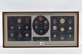 A FRAMED DISPLAY OF ROMAN & BRITISH CIVIL WAR, copy coinage with some 20th century coins