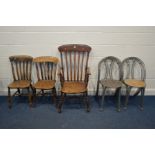 A 19TH CENTURY BEECH WINDSOR ARMCHAIR (sd to armrests) together with two elm and beech kitchen