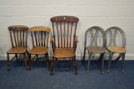 A 19TH CENTURY BEECH WINDSOR ARMCHAIR (sd to armrests) together with two elm and beech kitchen