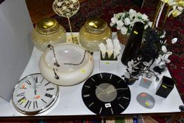 SUNDRY ITEMS, to include two quartz wall clocks, glass ceiling light shades, plafoniere, artifical