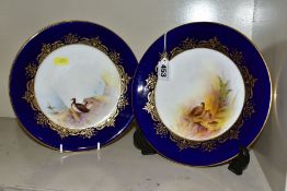 A PAIR OF ROYAL WORCESTER CABINET PLATES, blue and gilt border surrounding a hand painted scene, one