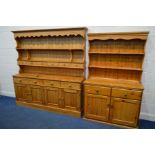 A LARGE MODERN PINE DRESSER, width 187cm x depth 40cm x height 196cm along with a similar smaller