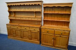 A LARGE MODERN PINE DRESSER, width 187cm x depth 40cm x height 196cm along with a similar smaller