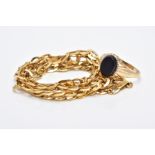 TWO 9CT GOLD JEWELLERY ITEMS, to include an onyx small oval signet ring, ring size E and hollow curb