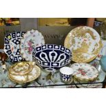 A GROUP OF ROYAL CROWN DERBY CERAMICS, including an unfinished Imari octagonal bowl, width 28cm,