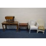 A 1940'S BEECH DOUBLE SCHOOL DESK, together with an oak drop leaf occasional table, mahogany piano