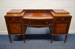 AN EDWARDIAN MAHOGANY, MARQUETRY INLAID AND STRUNG PEDESTAL SIDEBOARD, the two pedestals each with