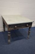 A VICTORIAN STAINED PINE KITCHEN TABLE with a later Formica top and a single drawer, width 91cm x