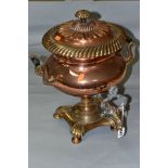 A VICTORIAN COPPER URN SAMOVAR, the circular pull off cover with fluted and gadrooned decoration,