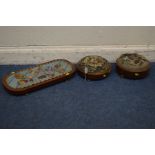 A PAIR OF 19TH CENTIURY CIRCULAR BEADWORK FOOTSTOOLS (losses to veneer), and rectangular beadwork