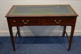 AN EDWARDIAN MAHOGANY AND STRUNG WRITING DESK, with green leather and gilt tooled inlay top, two