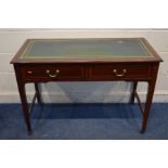 AN EDWARDIAN MAHOGANY AND STRUNG WRITING DESK, with green leather and gilt tooled inlay top, two