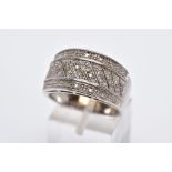 A 9CT WHITE GOLD WIDE DIAMOND DETAILED BAND, designed with a central section of asymmetrical rows