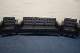 A FLORENCE KNOLL STYLE BLACK LEATHER THREE PIECE SUITE, on a chrome frame, comprising a three seater