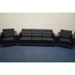 A FLORENCE KNOLL STYLE BLACK LEATHER THREE PIECE SUITE, on a chrome frame, comprising a three seater