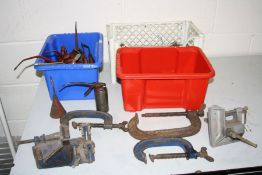 THREE TRAYS CONTAINING RECORD G CLAMPS, oil cans, right angle clamp, spanners etc