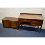 AN EDWARDIAN MAHOGANY MARBLE TOP WASHSTAND, width 108cm x depth 49cm x height 76cm (damaged front