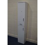 A TALL SLIM MODERN WHITE FINISH TWO DOOR BATHROOM CABINET with a single drawer, width 35cm x depth