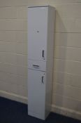 A TALL SLIM MODERN WHITE FINISH TWO DOOR BATHROOM CABINET with a single drawer, width 35cm x depth