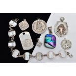 A SELECTION OF SILVER AND WHITE METAL JEWELLERY, to include a silver circular St Christopher pendant