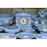 A GROUP OF WEDGWOOD PALE BLUE JASPERWARE, approximately thirty items, including a pair of dwarf