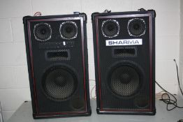 A PAIR OF VINTAGE SHARMA ORGAN SPEAKER CABINETS one powered with link to 2nd with 1x12 2x5 and