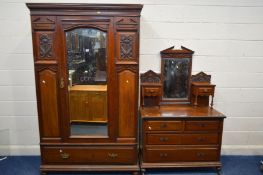 AN EDWARDIAN WALNUT TWO PIECE BEDROOM SUITE, with foliate carved panels, comprising a single