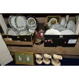 TWO BOXES AND LOOSE CERAMICS, including a pair of mounted and framed green jasperware plaques, a