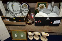 TWO BOXES AND LOOSE CERAMICS, including a pair of mounted and framed green jasperware plaques, a
