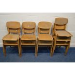 A SET OF NINE VINTAGE LIGHT OAK AND BEECH STACKING SCHOOL CHAIRS, two with a leatherette seat pad (