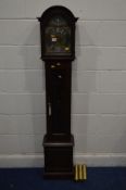 A MODERN METAMEC MAHOGANY GRANDDAUGHTER CLOCK, with a brass and silvered dial, the arch reading