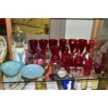 A GROUP OF 19TH AND 20TH CENTURY COLOURED AND CLEAR GLASSWARE, including a pair of Mary Gregory