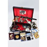 A COLLECTION OF COSTUME JEWELLERY, to include various assorted brooches, cufflinks, beads and a