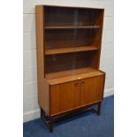 A TURNIDGE OF LONDON TEAK GLAZED DOUBLE SLIDING DOOR BOOKCASE, width 91cm x depth 41cm x height