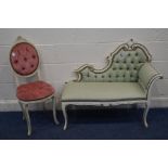 A CREAM AND GILT WINDOW SEAT with green upholstery together with similar single chair (2) (this