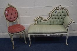 A CREAM AND GILT WINDOW SEAT with green upholstery together with similar single chair (2) (this