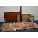 A CHINESE WOOLEN RED GROUND RUG, 210cm x 129cm, a similar half moon rug and a talish rug, 206cm x