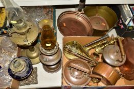 COPPER, BRASS, GLASS AND SUNDRY ITEMS, ETC, to include two copper oil lamps - minus shades, glass