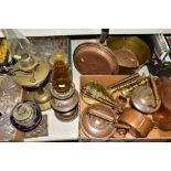 COPPER, BRASS, GLASS AND SUNDRY ITEMS, ETC, to include two copper oil lamps - minus shades, glass