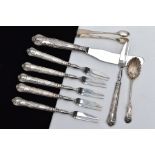 A PAIR OF EDWARDIAN SILVER SUGAR TONGS, SET OF SIX SILVER HANDLED CAKE FORKS, A SILVER HANDLED