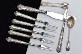 A PAIR OF EDWARDIAN SILVER SUGAR TONGS, SET OF SIX SILVER HANDLED CAKE FORKS, A SILVER HANDLED