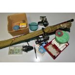 A BUNDLE OF FISHING EQUIPMENT, including a bundle of carbon fishing rods, two with Shakespeare